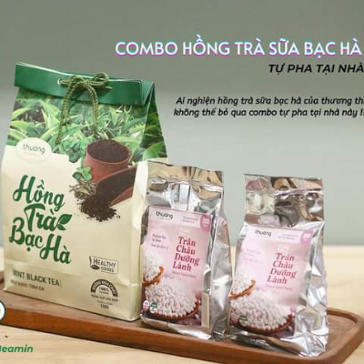 Combo Hồng Trà Sữa Bạc Hà Tự Pha (1 túi Hồng Trà 150g 20 gói + 2 túi trân châu 200g)